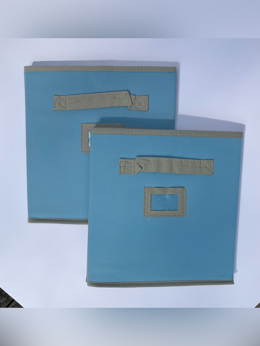 Set of 2 Light Blue Fabric Storage Bins with Khaki Trim